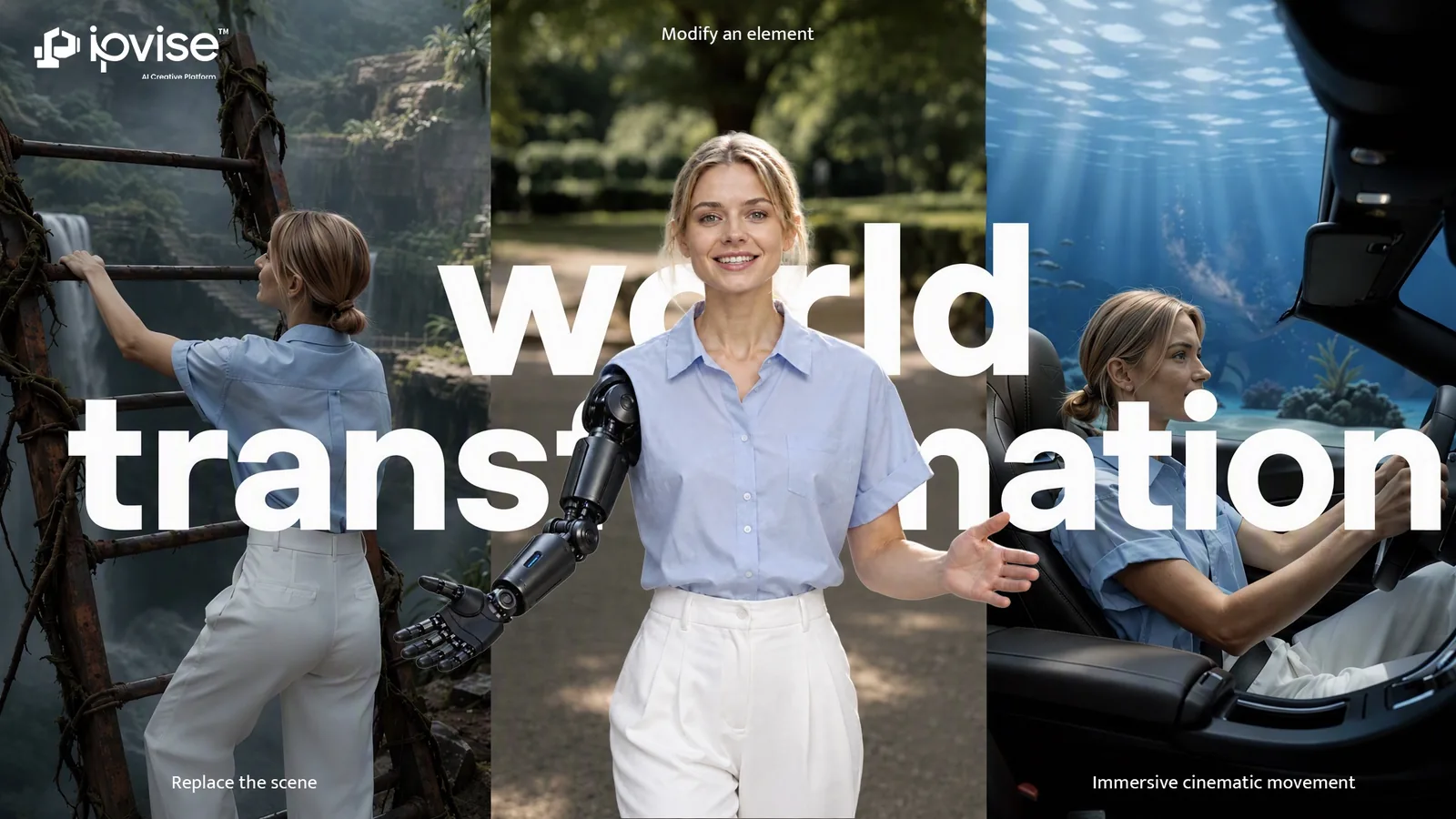 IPVISE AI World Transformation — replace the scene, modify an element, immersive cinematic movement