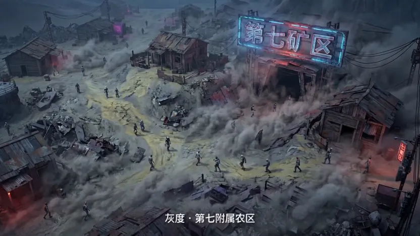 Neon-lit mining district rendered from above