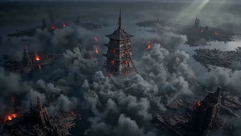 Pagoda rising over smouldering ruins